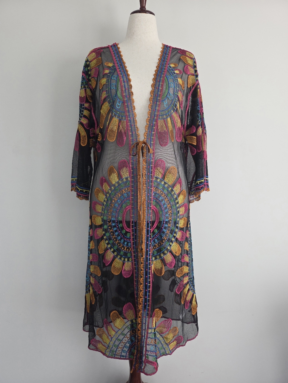 Rachel Zoe Black Sheer Multicolor Embroidered Kimono Cover-Up  Size OS